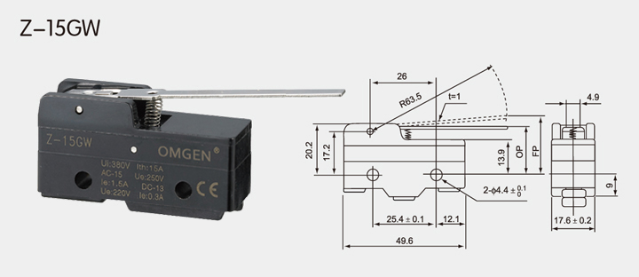 Z-15GW鼠標微動開關(guān)尺寸圖